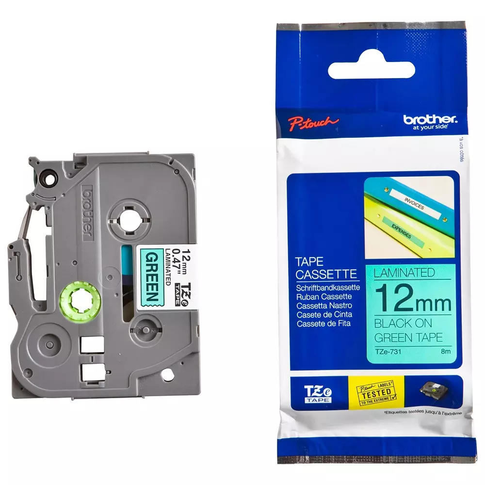 BROTHER Tape, BlACk On Green, 12mm W, 8M L, TZE-731