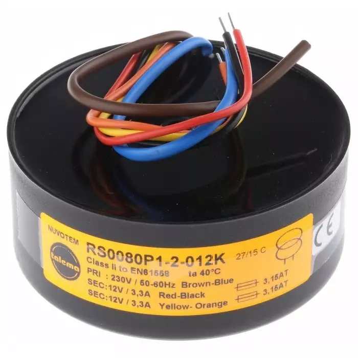 Nuvotem Talema Toroidal Transformer 230V AC 2 x 12V AC 80VA 2 Output, 0080P1-2-012K