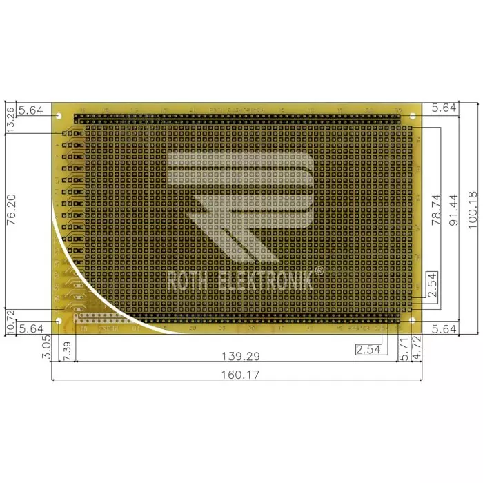 Roth Elektronik Single Sided Matrix Board FR4 With 32 x 55 1mm Holes 2.54 x 2.54mm Pitch 160 x 100 x 1.5mm, RE323-LF