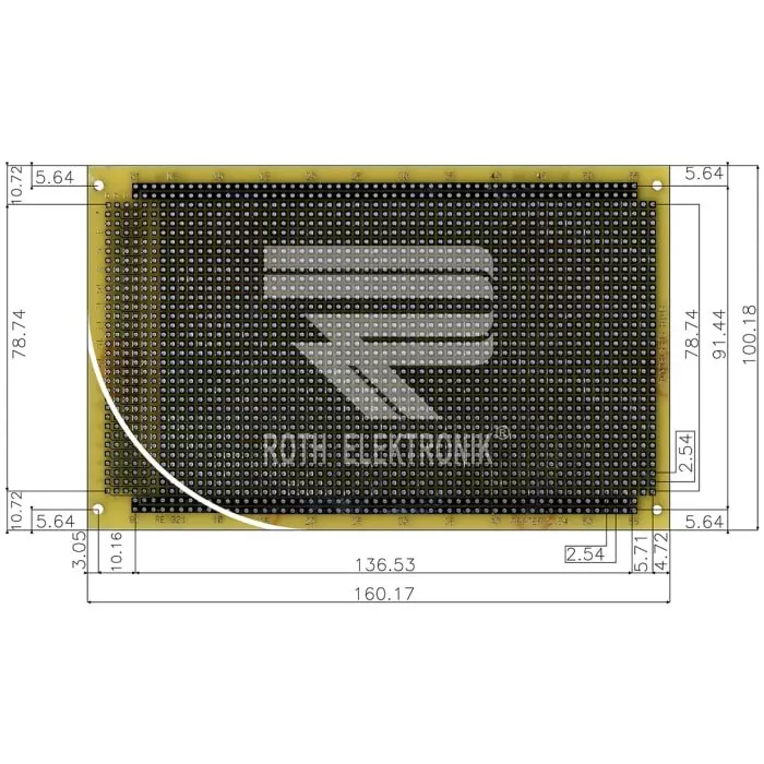 Roth Elektronik Double Sided Matrix Board FR4 With 36 x 55 1mm Holes 2.54 x 2.54mm Pitch 160 x 100 x 1.5mm, RE321-LF