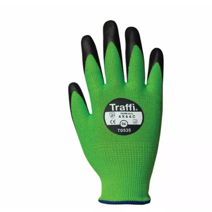 Traffi Cut Resistant Nylon Gloves Nitrile Coating Green Size 8, TG535-08 (1 Pair)