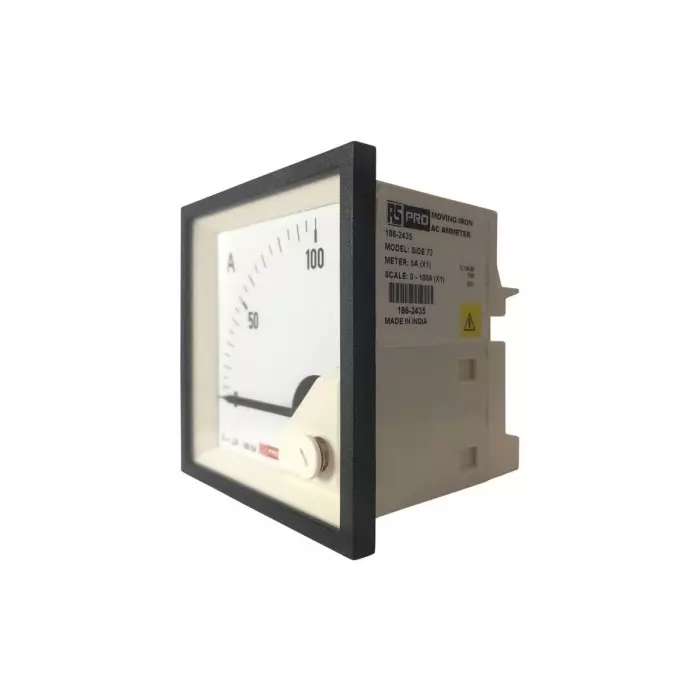RS PRO Analogue Panel Ammeter 100 (Scle) A 100/5 (CT) A 5 (Input) A AC 68mm x 68mm 1 % Moving Iron