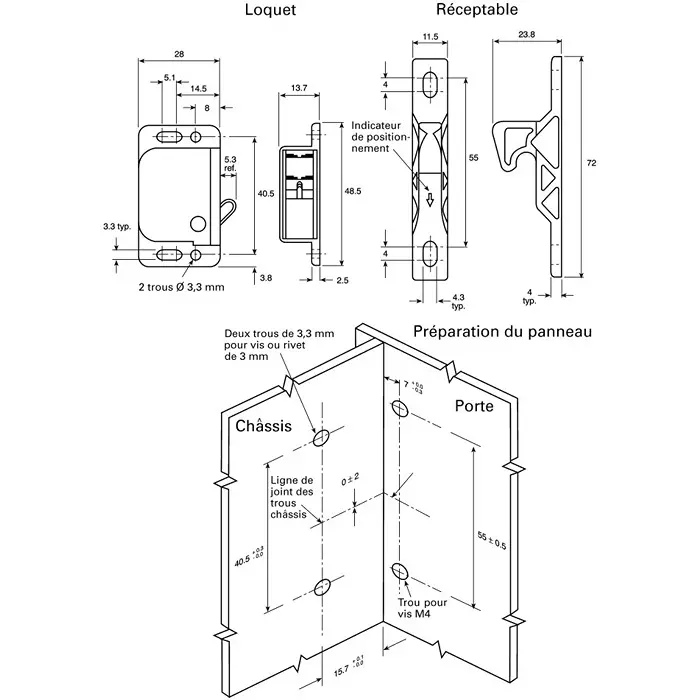Southco Door Catch ABS, PC, 48.3x28.2 mm, 40.6 mm Hole Pitch, Push to Close, C3-805