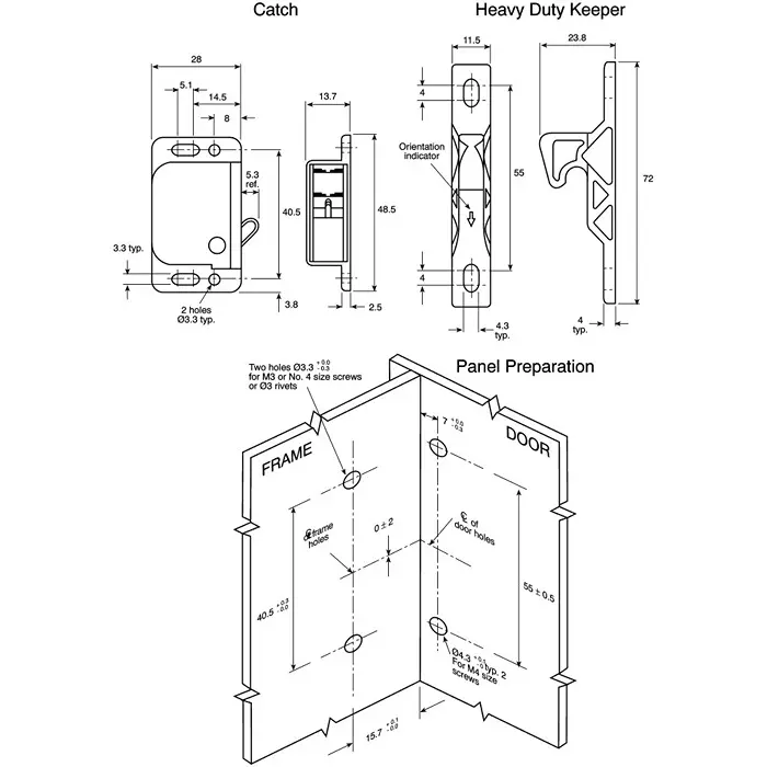 Southco Door Catch ABS, PC, 48.3x28.2 mm, 40.6 mm Hole Pitch, Push to Close, C3-805