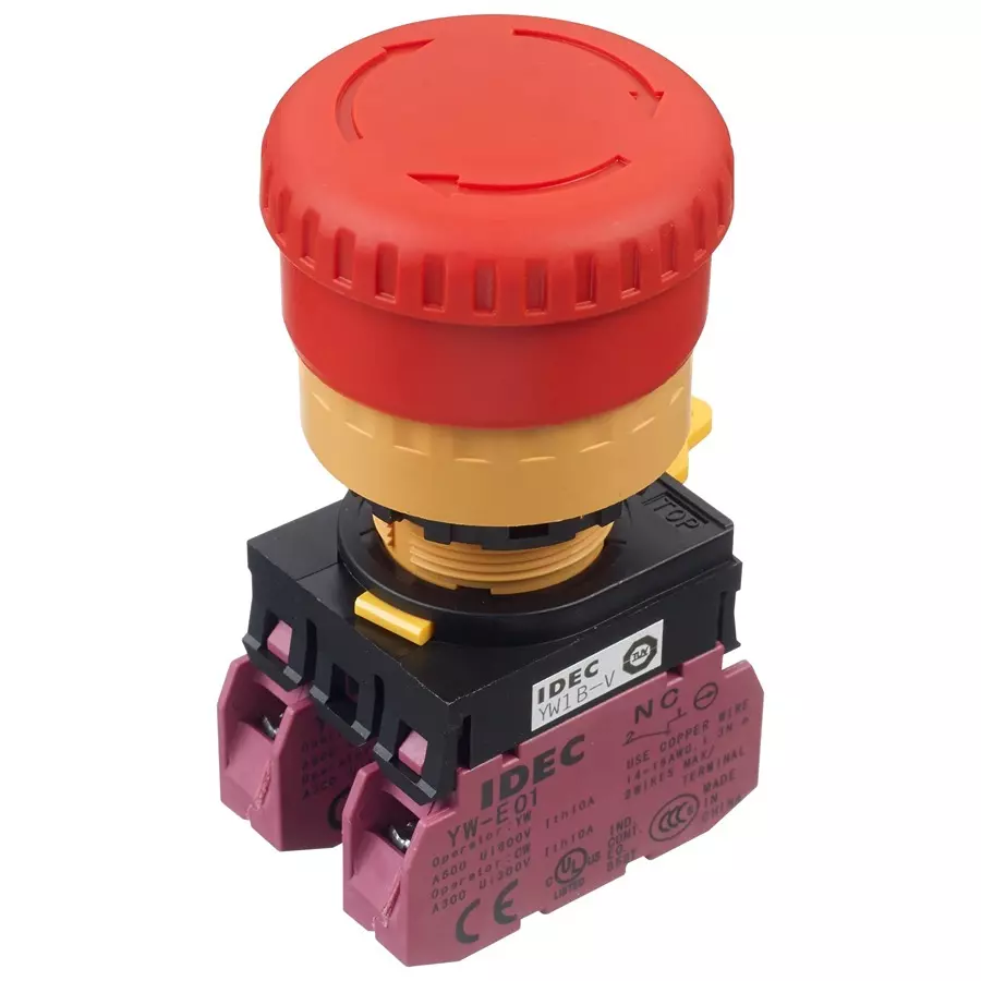 IDEC E-STOP PB SW, DPST-NC, 10A, 120V, SCREW, YW1B-V4E02R