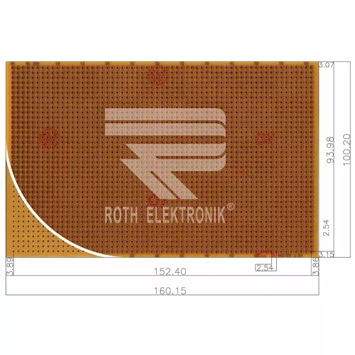 Roth Elektronik Single Sided Matrix Board FR2 With 38 x 61 1mm Holes 2.54 x 2.54mm Pitch 160 x 100 x 1.5mm, RE200-HP