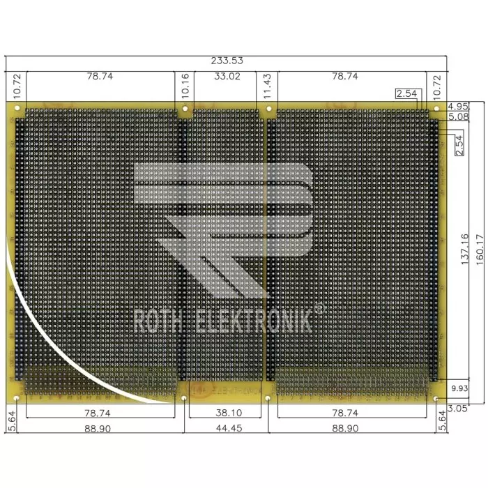 Roth Elektronik Double Sided Matrix Board FR4 With 55 x 88 1mm Holes 2.54 x 2.54mm Pitch 233.4 x 160 x 1.5mm, RE322-LF