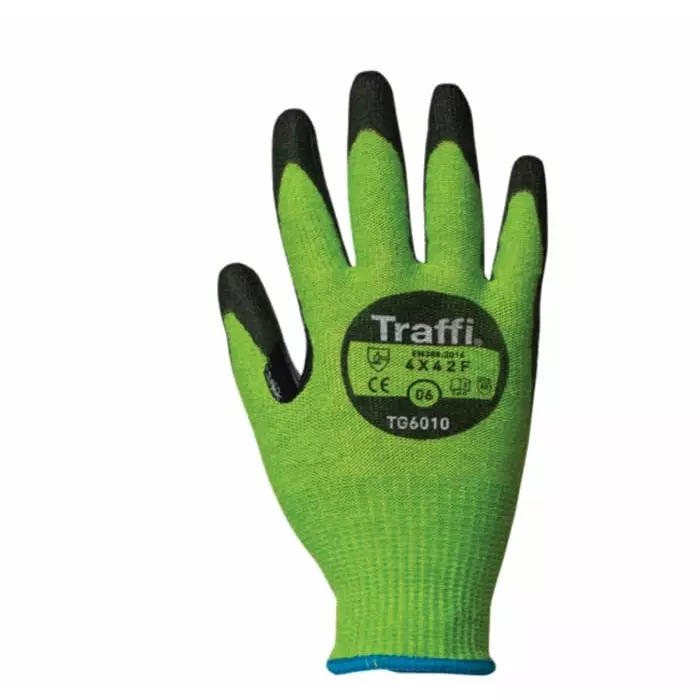 Traffi Cut Resistant Work Gloves Polyurethane Coating Green Size 7, TG6010-07 (1 Pair)