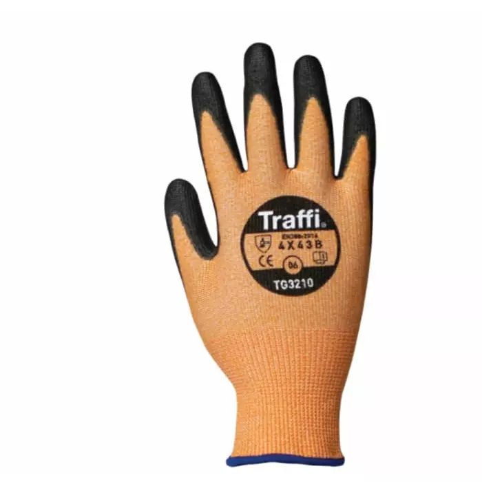 Traffi Cut Resistant Work Gloves Elastane HPPE & Nylon Polyurethane Coating Amber Size 6, TG3210-06 (1 Pair)
