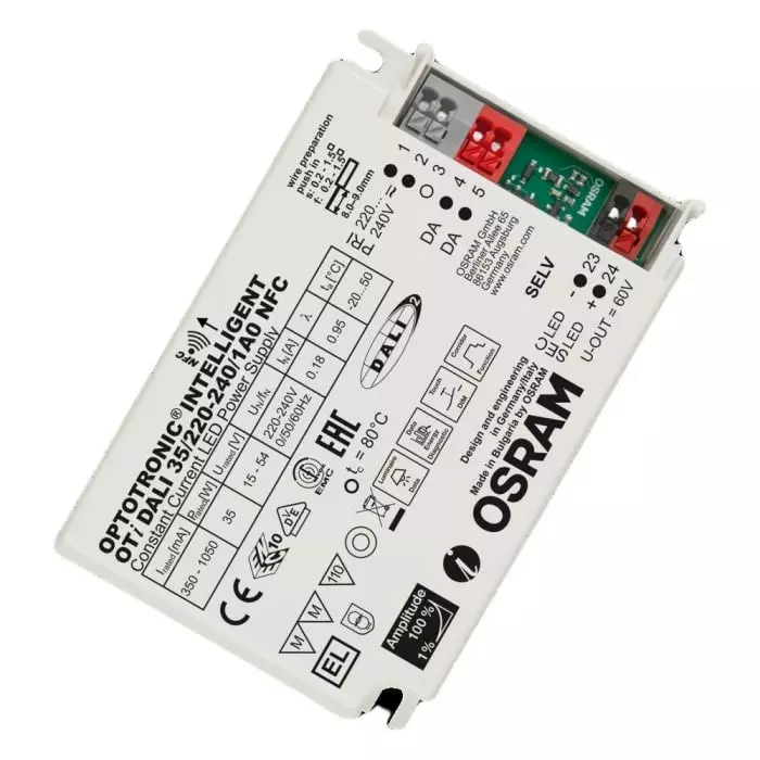 OSRAM LEDVANCE Dimmable LED Driver 15-54V Output 38W Output 1.05A Output Constant Current Dimmable, OTI-DALI-35/220-240/1A0-NFC