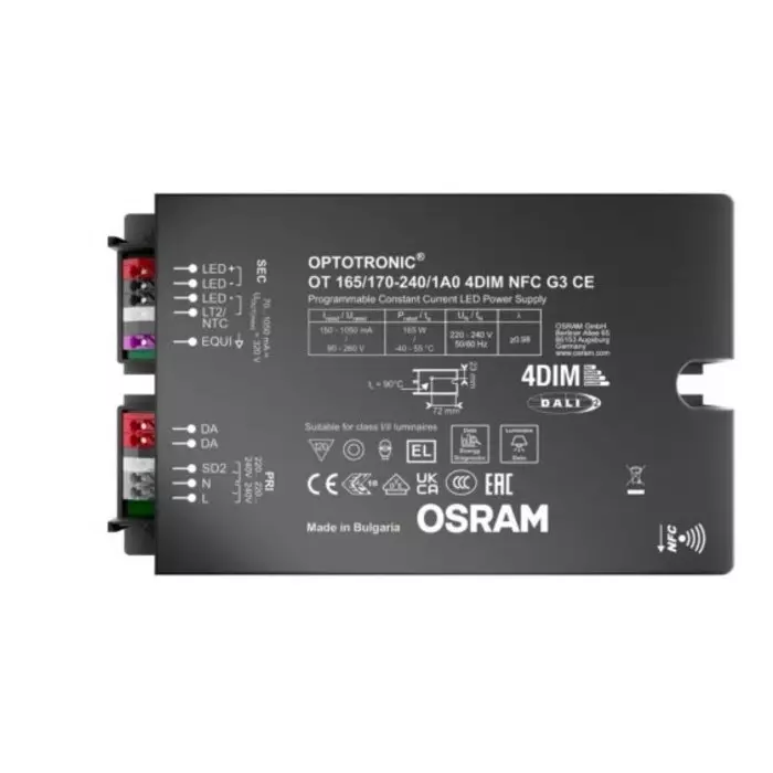 OSRAM LEDVANCE Dimmable LED Driver 90-260V Output 165W Output 700mA Output Constant Current Dimmable, OT-165/170-240/1A0-4DIM-NFC-G3