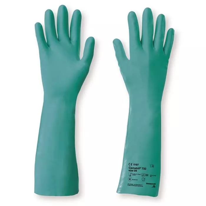 Honeywell Camatril 732 Black Natural Latex Polychloroprene Chemical Resistant Work Gloves Size 9 Latex Coating, 073209141E