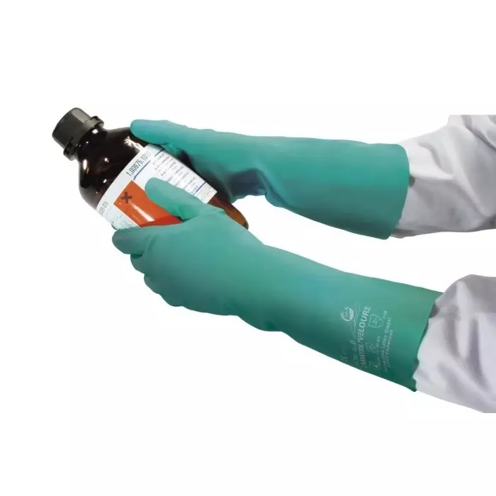 Honeywell Camatril 732 Black Natural Latex Polychloroprene Chemical Resistant Work Gloves Size 9 Latex Coating, 073209141E