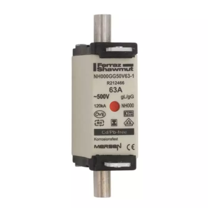 Mersen NH Fuse 63 A 500 V AC NH000, NH000GG50V63-1 (Pack of 3 Pcs)