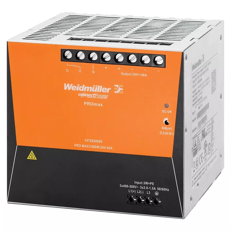 Weidmuller POWER SUPPLY, AC-DC, 24V, 40A, 1478200000