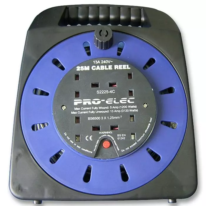 PRO ELEC MAINS EXTENSION REEL, 4 OUTLET, UK, 25M, 2225-4-25M