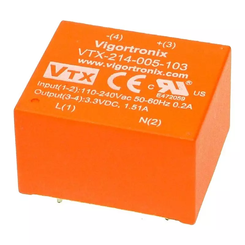 VIGORTRONIX AC-DC Conv, Fixed, 1 O/P, 5W, 9V, VTX-214-005-109