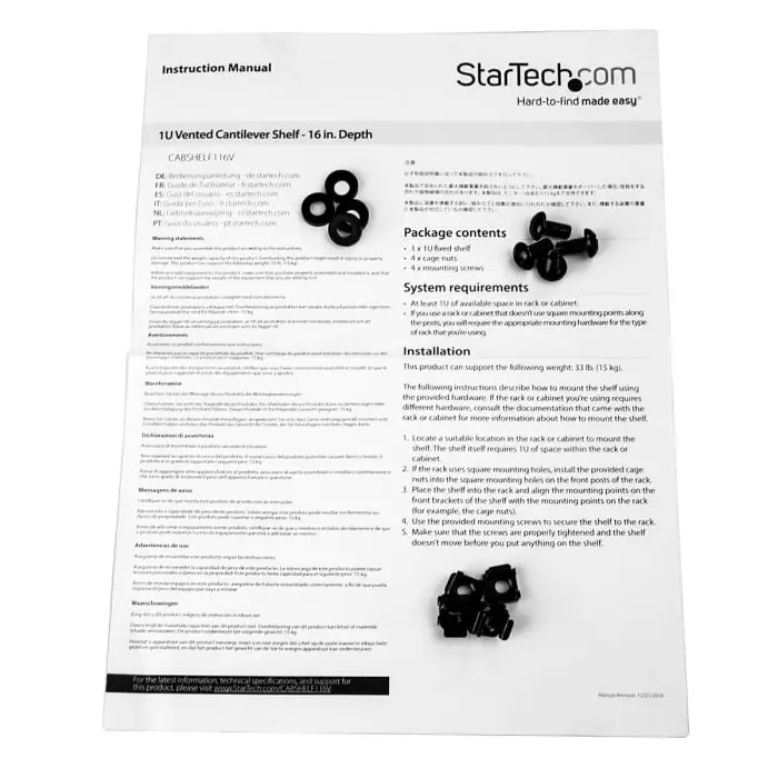 StarTech.com Black Rack Shelf 1U 20 Kg Load 441mm x 401mm, CABSHELF116V