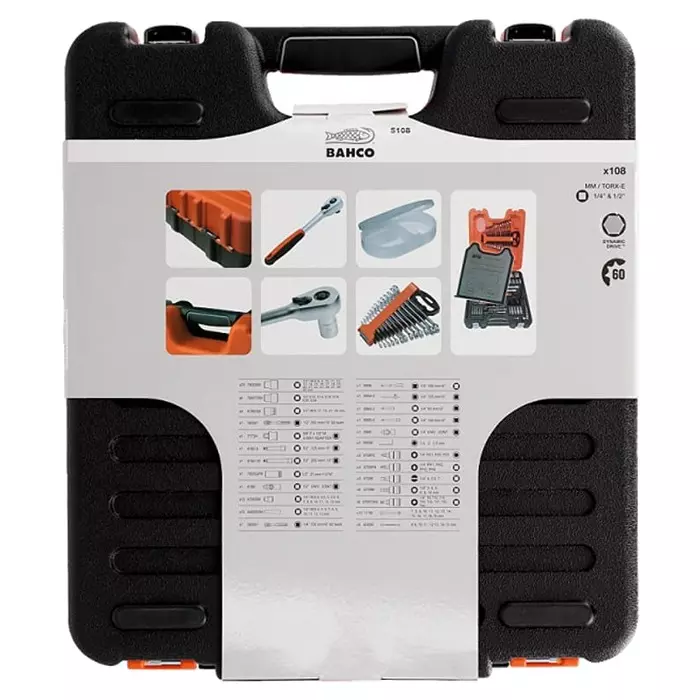 Bahco Deep Socket/Standard Socket/Spanner/Allen Key/Bit Set Metric 1/2 & 1/4 inch with Ratchet 6 Point, S108 (Set of 108 Pcs)