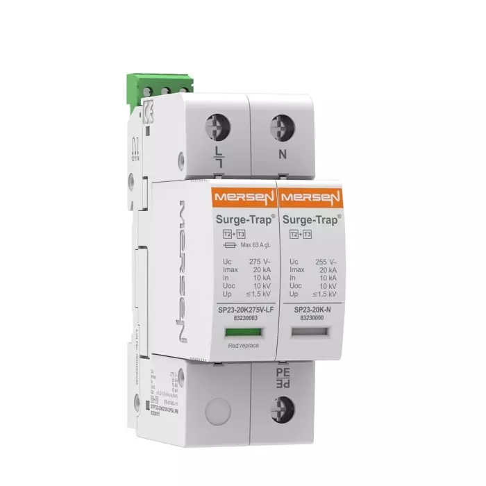 Mersen Surge Protector 20 kA 275 V AC DIN Rail Mount, 83230111 - STPT23-20K275V-2PG-LFM
