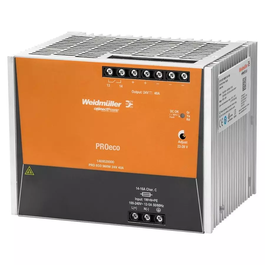 Weidmuller AC/DC CONVERTER, 960W, 24V, 40A, 1469520000