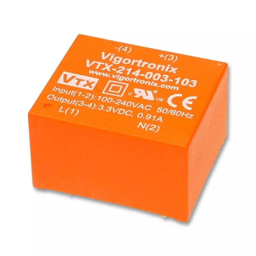 VIGORTRONIX AC-DC CONV, FIXED, 1 O/P, 3W, 3.3V, VTX-214-003-103