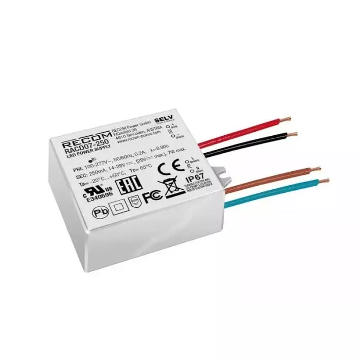 RECOM POWER LED Driver Power Supply 14-28 V Output, 7 W Output 250 mA Output Constant Current, RACD07-250 (Pack of 25 Pcs)