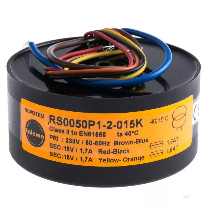 Nuvotem Talema Toroidal Transformer 230V AC 2 x 15V AC 50VA 2 Output, 0050P1-2-015K