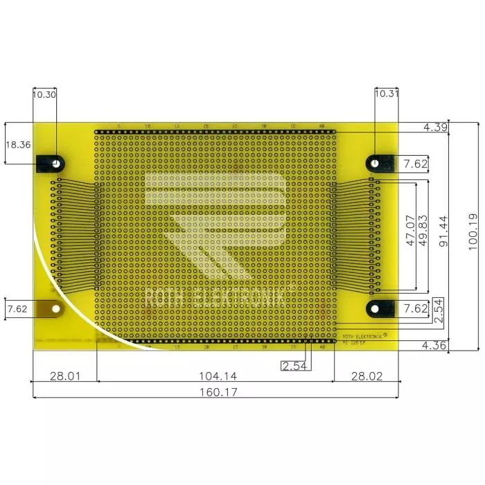 Roth Elektronik Single Sided DIN 41652 Eurocard PCB FR4 With 35 x 42 1mm Holes, 2.54 x 2.54mm Pitch, 160 x 100 x 1.5mm, RE226-LF