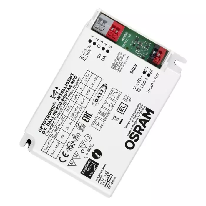 OSRAM LEDVANCE Dimmable LED Driver 15-54V Output 55W Output 1.4A Output Constant Current Dimmable, OTI-DALI-50/220-240/1A4-NFC