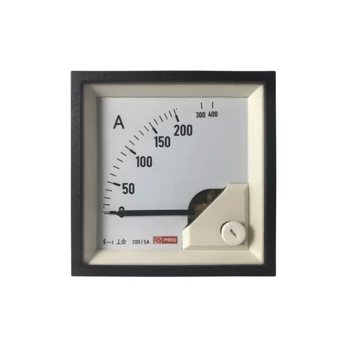 RS PRO Analogue Panel Ammeter 10 (Input) A 200/5 (CT) A 400 (Scle) A AC 68mm x 68mm 1 % Moving Iron