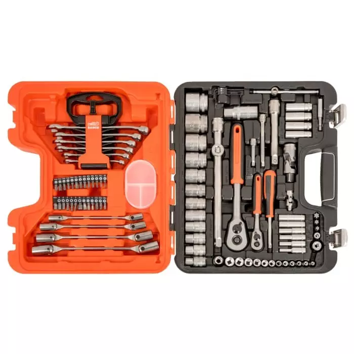 Bahco Deep Socket/Standard Socket/Spanner/Allen Key/Bit Set Metric with Ratchet 6 Point Hex, S910 (Set of 91 Pcs)