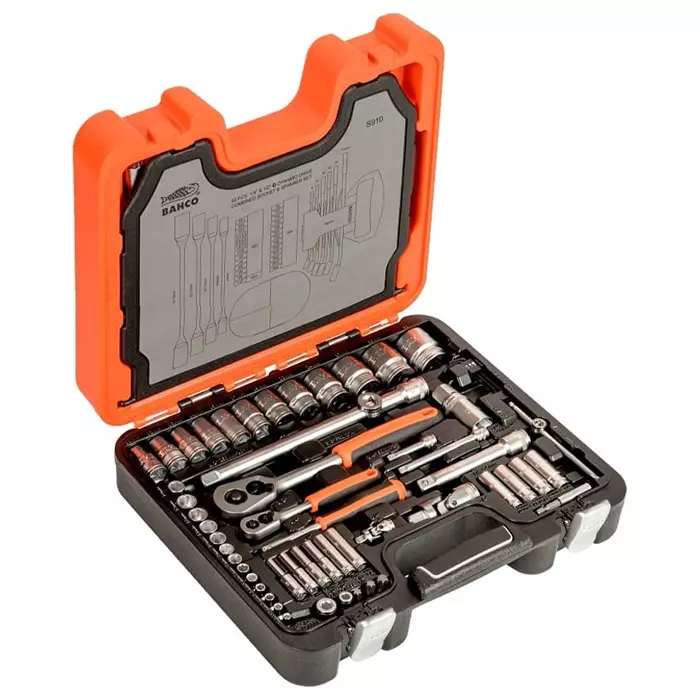 Bahco Deep Socket/Standard Socket/Spanner/Allen Key/Bit Set Metric with Ratchet 6 Point Hex, S910 (Set of 91 Pcs)