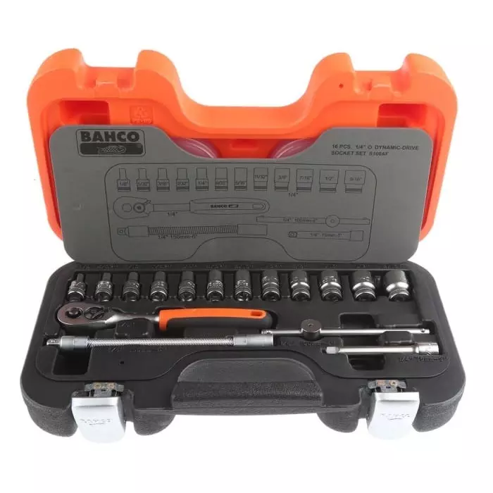 Bahco Standard Socket Set with Ratchet Imperial 1/4 inch 6 Point, S160AF (Set of 16 Pcs)