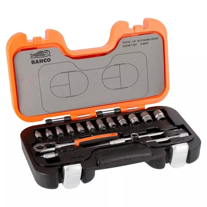 Bahco Standard Socket Set with Ratchet Imperial 1/4 inch 6 Point, S160AF (Set of 16 Pcs)