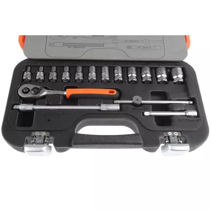 Bahco Standard Socket Set with Ratchet Imperial 1/4 inch 6 Point, S160AF (Set of 16 Pcs)
