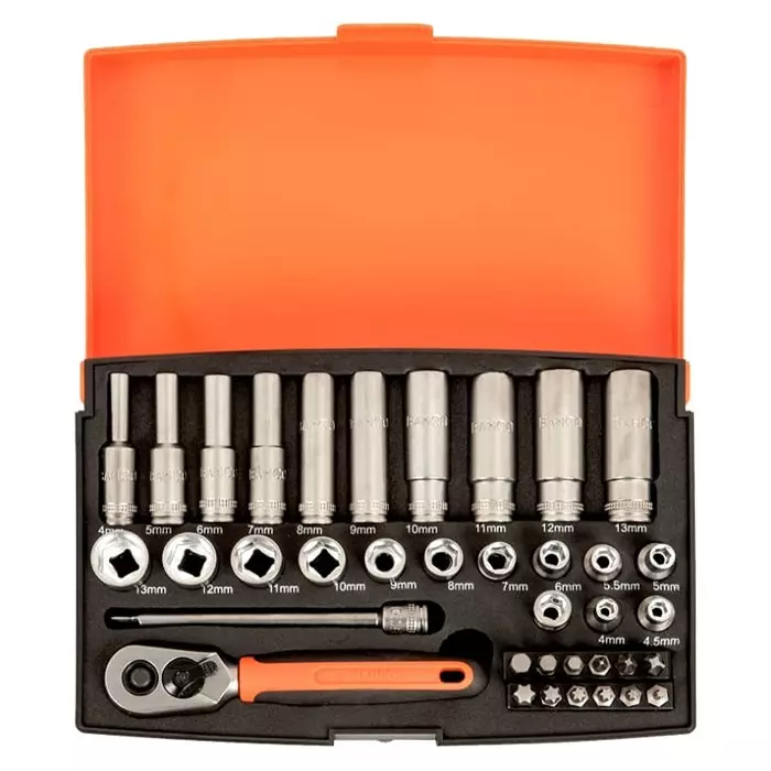 Bahco Deep Socket/Standard Socket/Bit Set Metric 1/4 inch with Ratchet 6 Point, SL25L (Set of 37 Pcs)