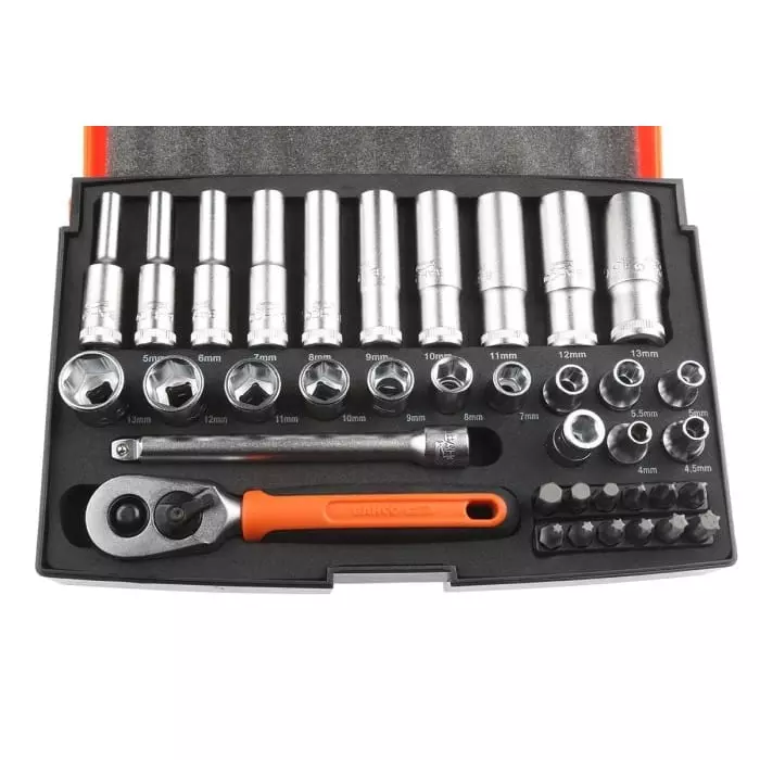 Bahco Deep Socket/Standard Socket/Bit Set Metric 1/4 inch with Ratchet 6 Point, SL25L (Set of 37 Pcs)