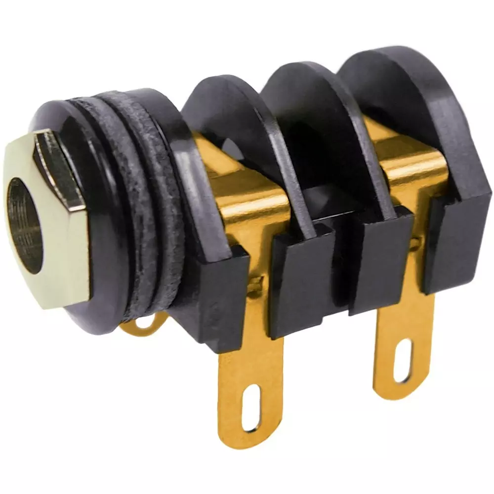 RS PRO Jack Socket Female 6.35 mm Right Angle Solder Tag Gold Black 5 Amp Nylon, 2761750