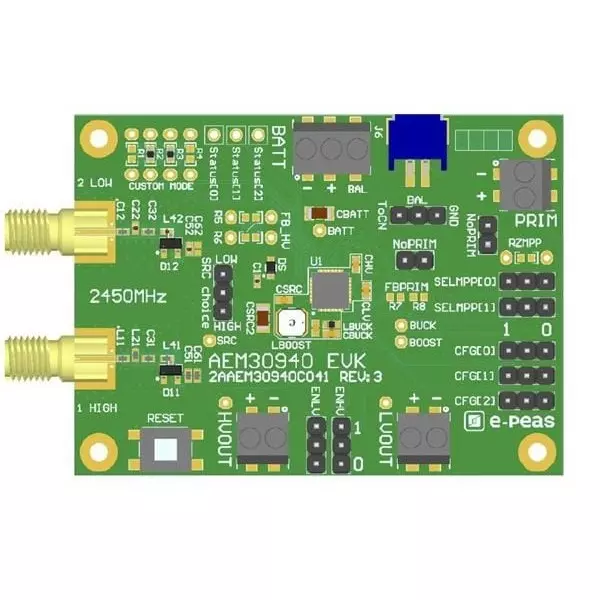 e-peas Evaluation Boards Energy Harvesting 50 mV to 4.5 V Input Voltage, EVK30940-2.4