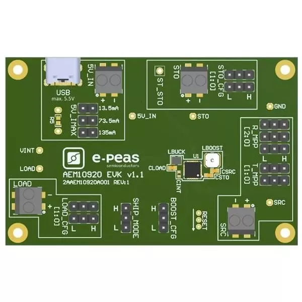 e-peas Evaluation Boards Energy Harvesting 120 mV to 4.35 V Input Voltage, EVK10920