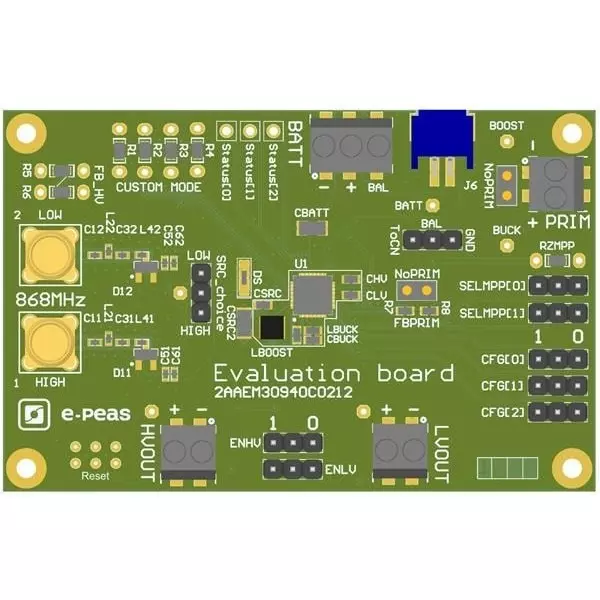 e-peas Evaluation Boards Energy Harvesting 50 mV to 4.5 V Input Voltage, EVK30940-868