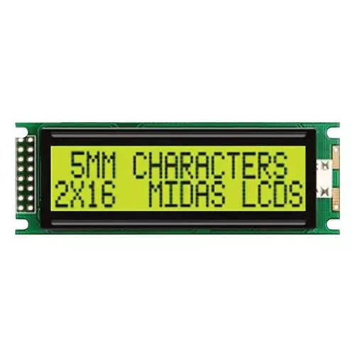 MIDAS DISPLAYS DISPLAY, ALPHANUMERIC, 16X2, YELLOW/GRN, MC21605DA6W-SPTLY-V2