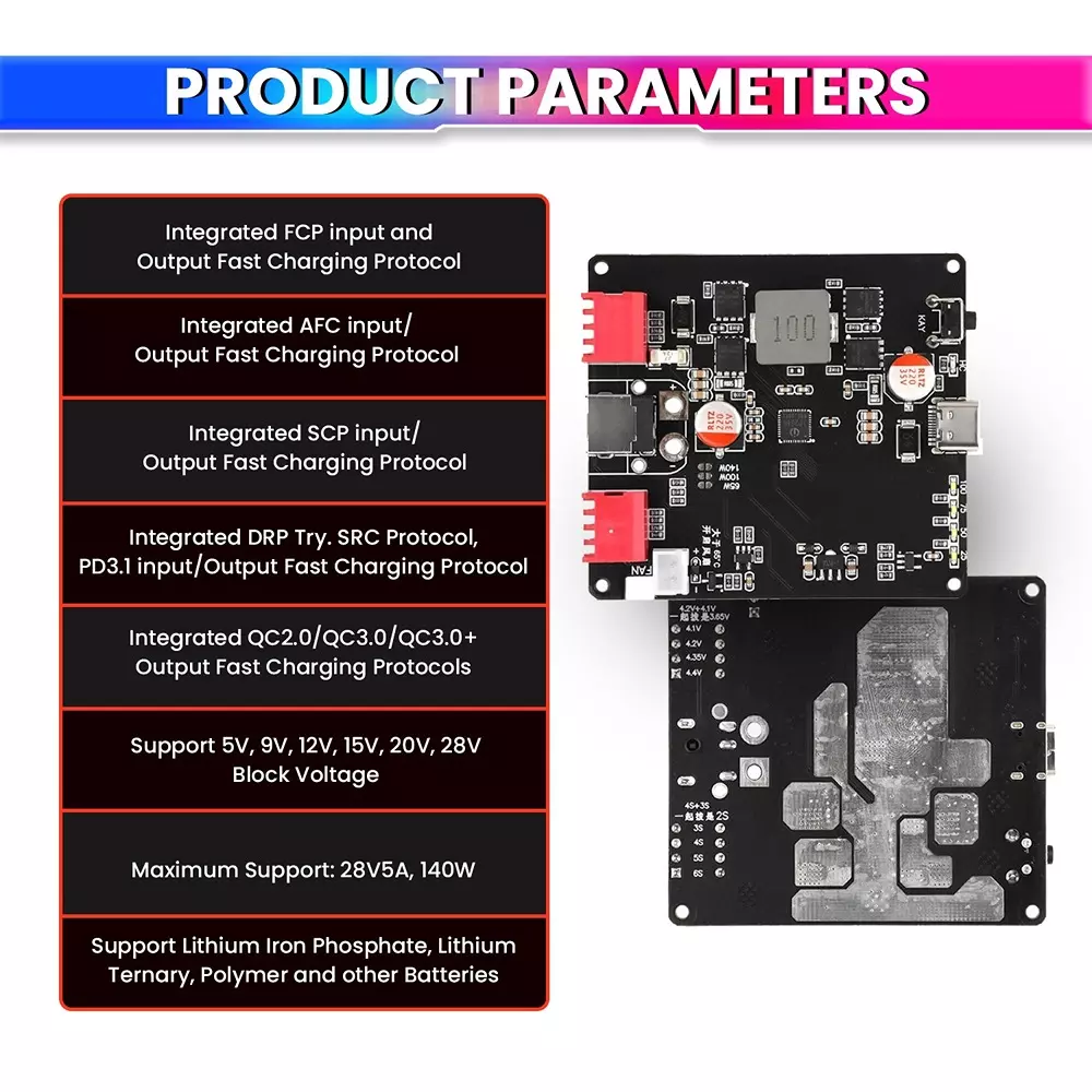 amiciSolar Bidirectional Fast Charging Module 140 W USB-C to DC PD3.1 Charger & Discharger for 2S–6S Li-ion, LiFePO4 & Polymer Battery Packs
