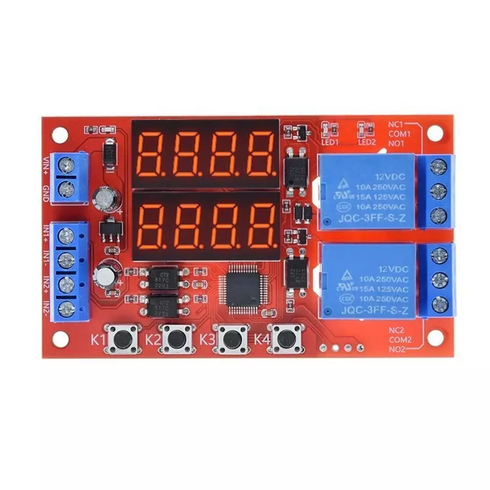 amiciSmart Dual Way Adjustable Time Delay Relay Module with Digital Display 32 Modes 12 V 10 Amp Wide Time Range 0.01 sec to 999 min