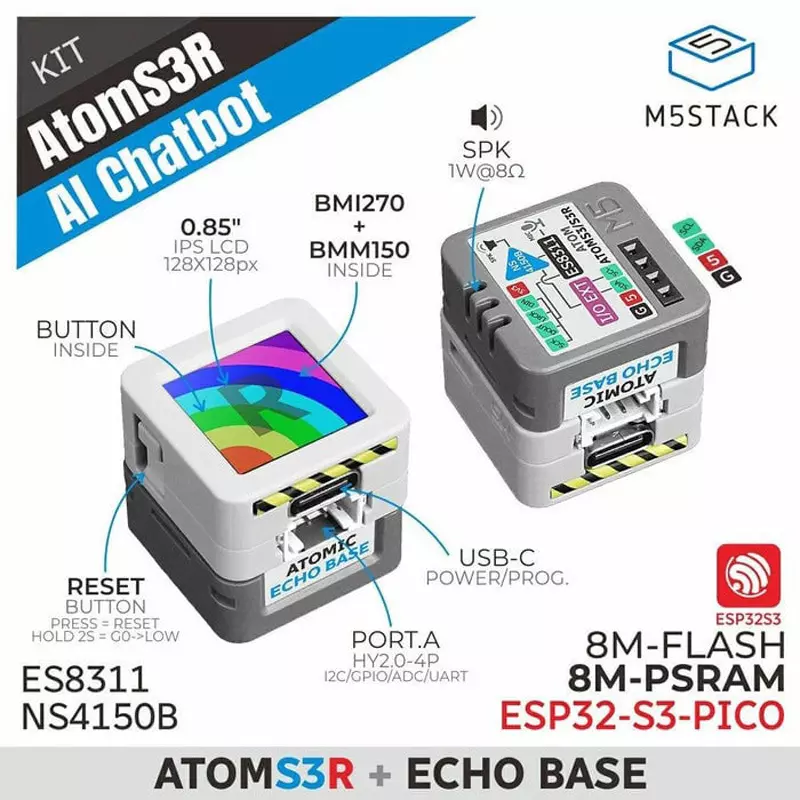 M5Stack AI Chatbot Kit [Expansion] Bottom GPIO: G5/G6/G7/G8/G38/G39, HY2.0-4 P expansion port Interface, M5STACK-K147