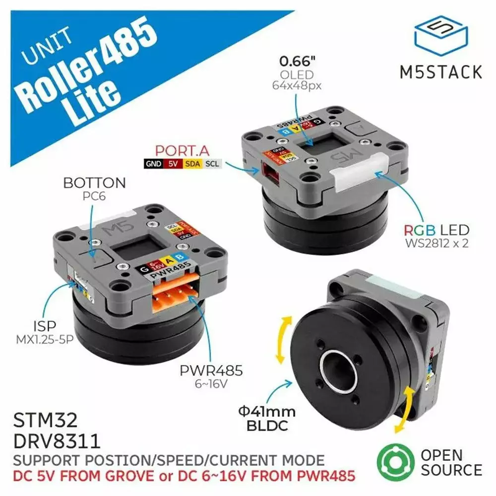 M5Stack Roller Lite Unit 40x40x30 mm Dimension, M5STACK-U182-Lite