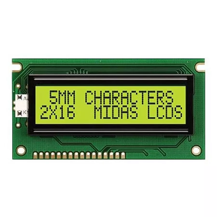 MIDAS DISPLAYS DISPLAY, ALPHANUMERIC, 16X2, YELLOW/GRN, MC21605A6WD-SPTLY-V2
