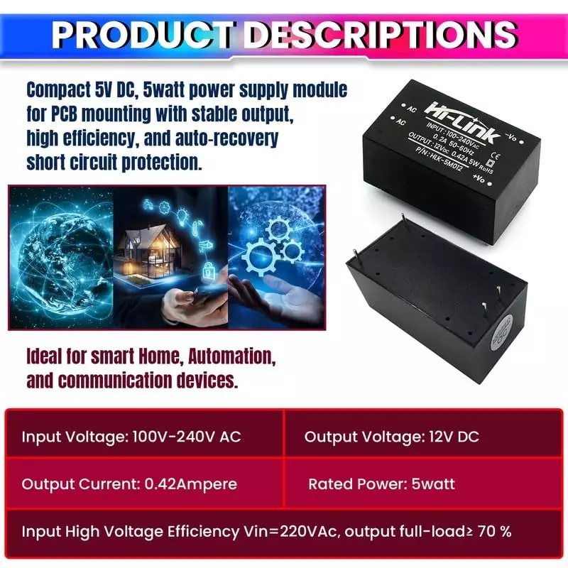 amiciSmart AC to DC Power Supply PCB Module 5 W 220 V AC to 3.3 V DC Compact Reliable & Efficient Buck Converter, 1xPSM-220-3.3