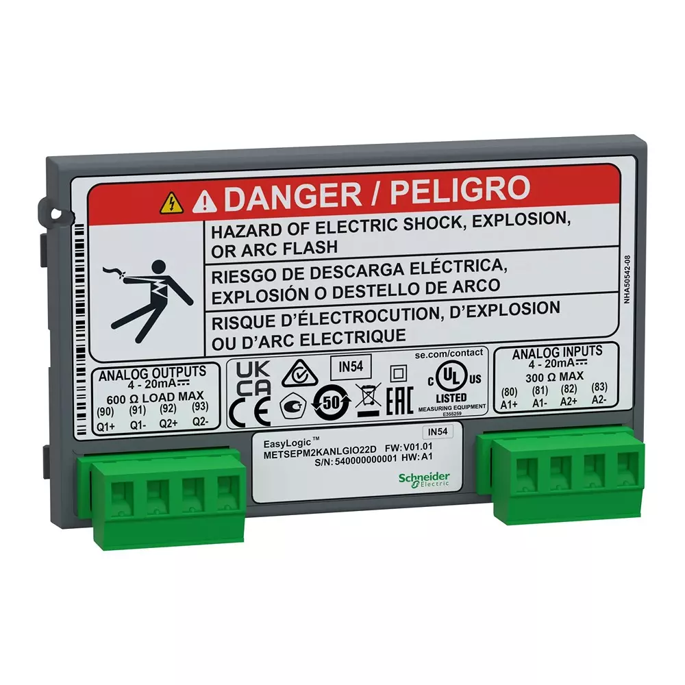 Schneider Electric Input Output Module PM2K2AIAO Type EasyLogic PM2000 Series 2 Analog Input and 2500 V Insulation Voltage, METSEPM2KANLGIO22D